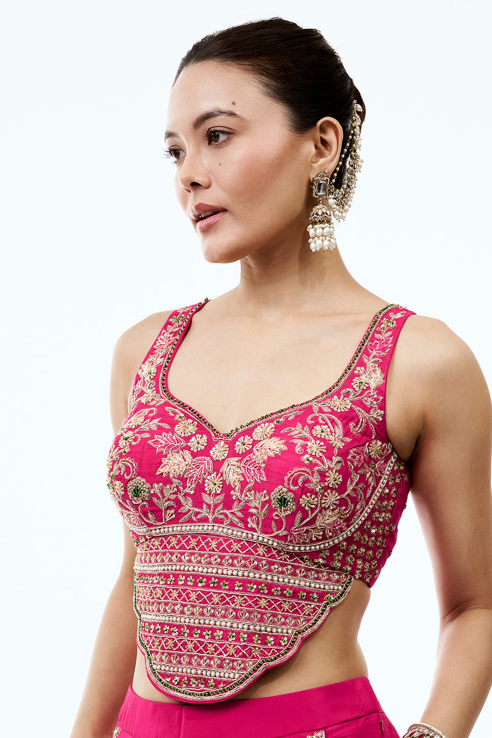 Rani Pink Crepe Assymetrical Indo Western Set with Pearl and Zardosi Work