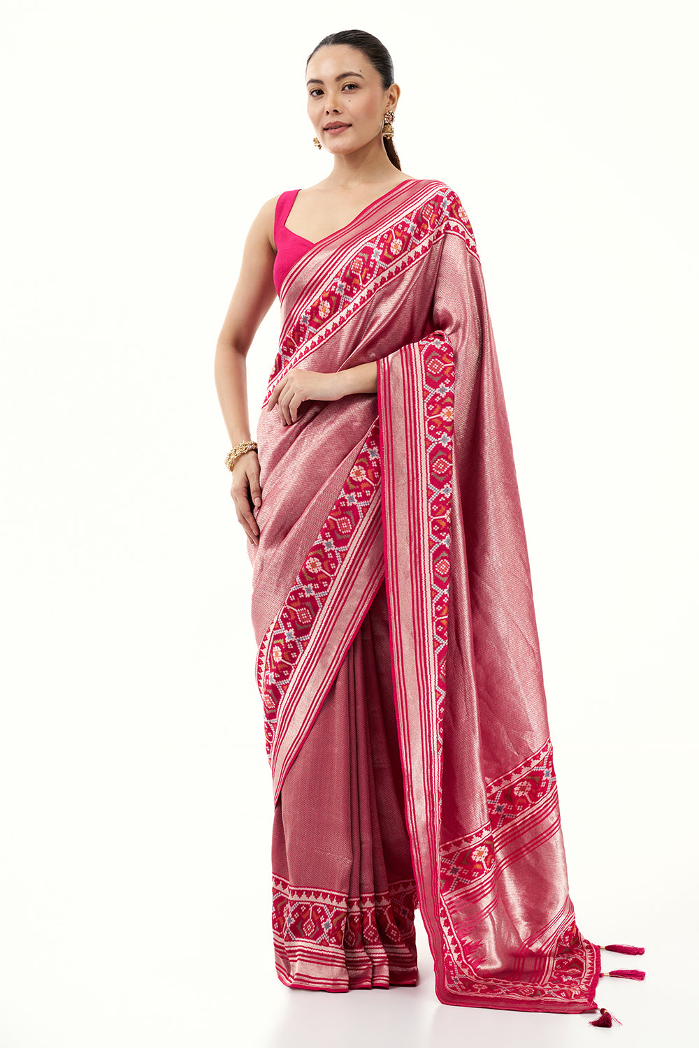Rani Pink Jacquard Silk Woven Saree with Patola Border