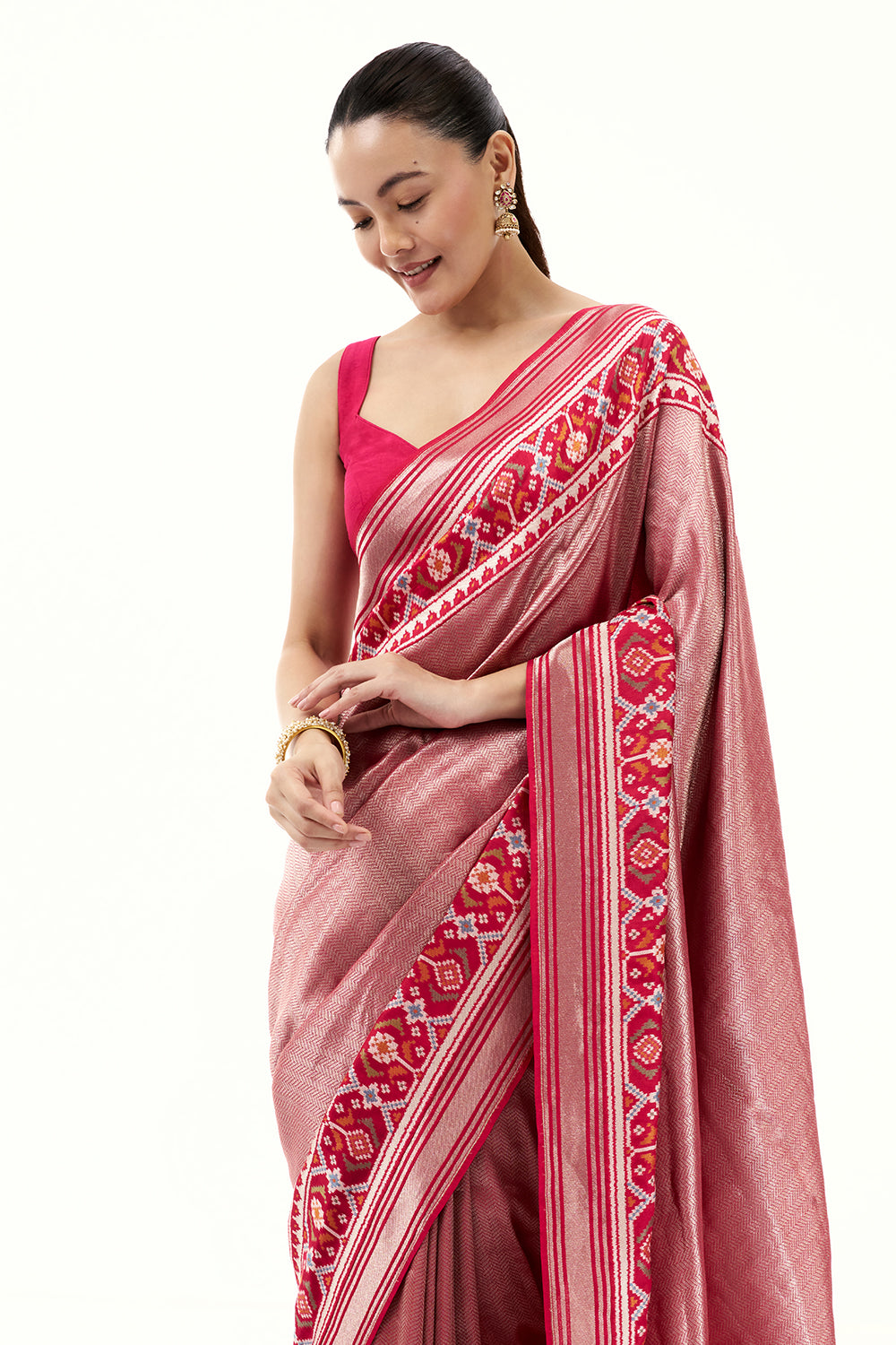 Rani Pink Jacquard Silk Woven Saree with Patola Border