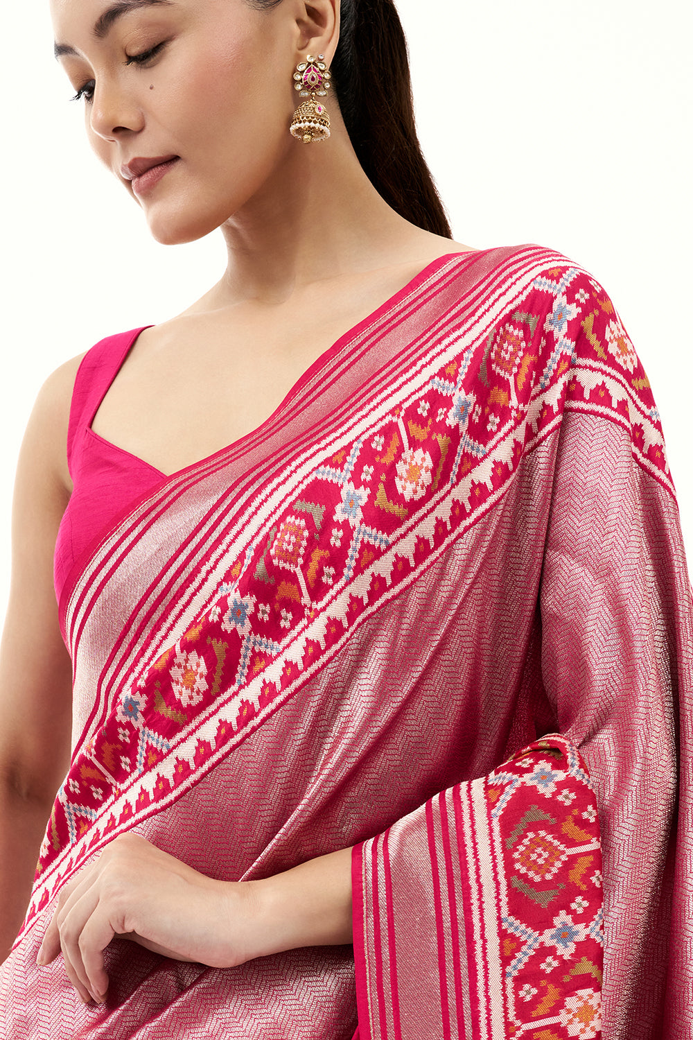 Rani Pink Jacquard Silk Woven Saree with Patola Border