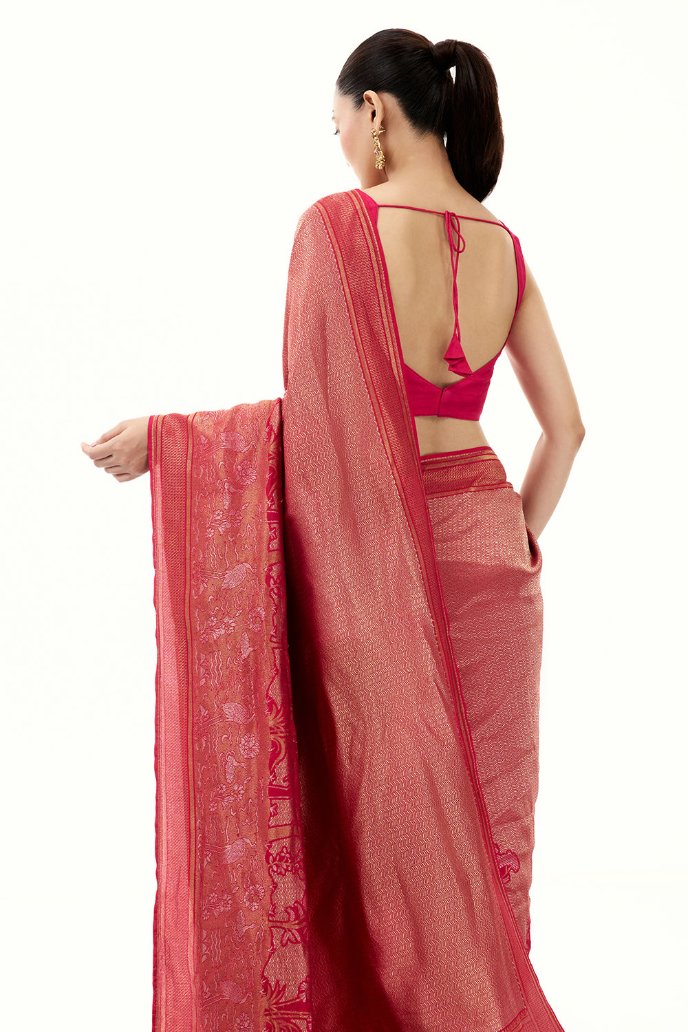 Rani Pink Jacquard Silk Woven Saree with with Nature Inspired Motifs