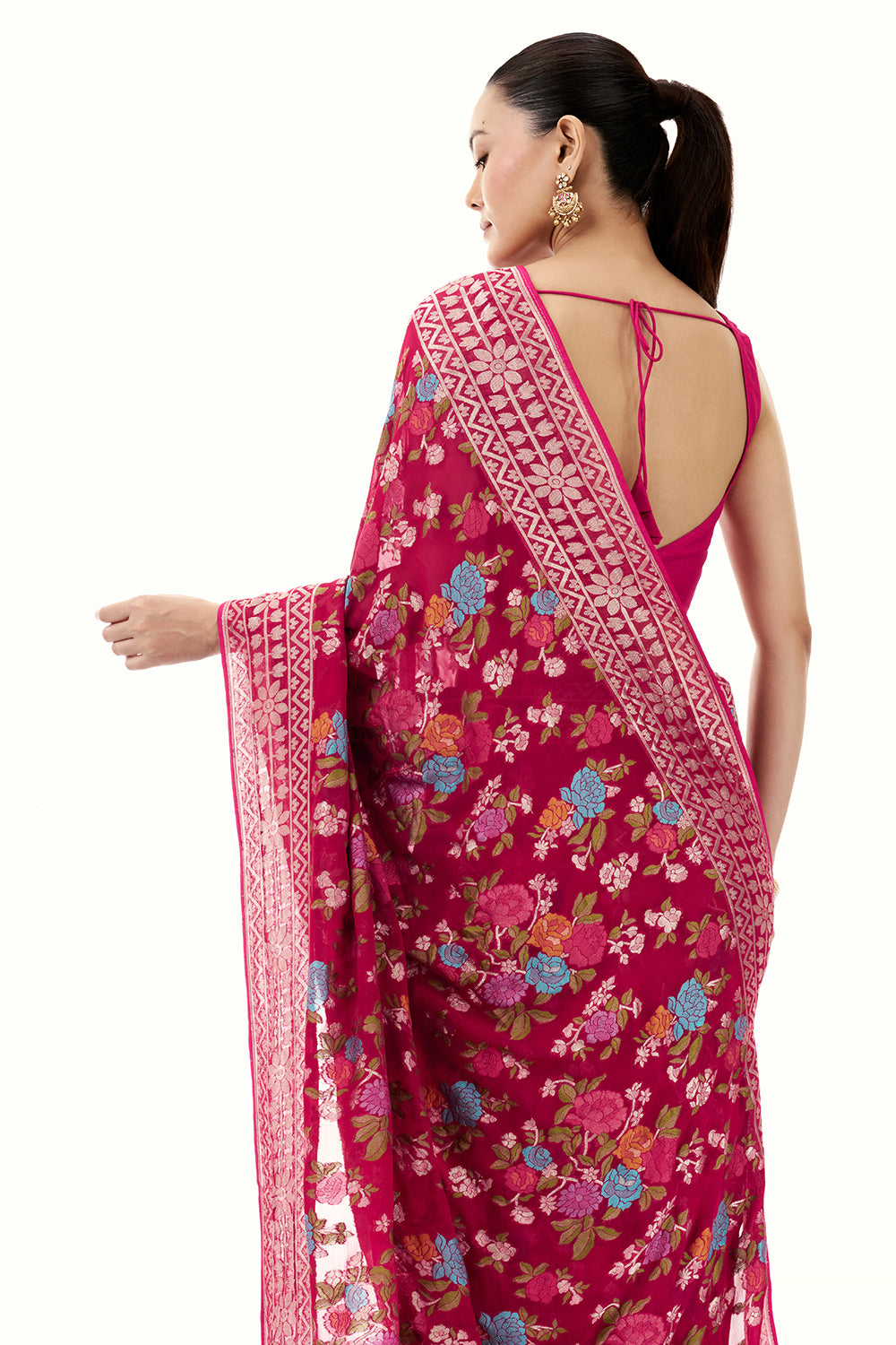 Rani Pink Khadi Georgette Woven Saree with Floral Designs