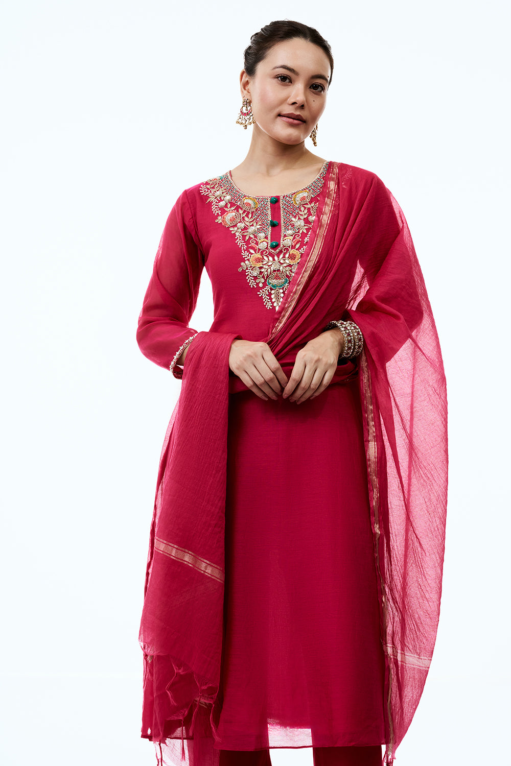 Rani Pink Mul Chanderi Suit Set with Resham and Gotta Work