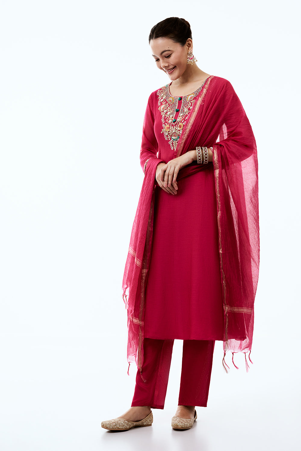 Rani Pink Mul Chanderi Suit Set with Resham and Gotta Work