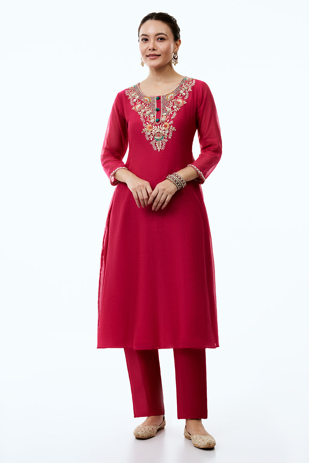 Rani Pink Mul Chanderi Suit Set with Resham and Gotta Work