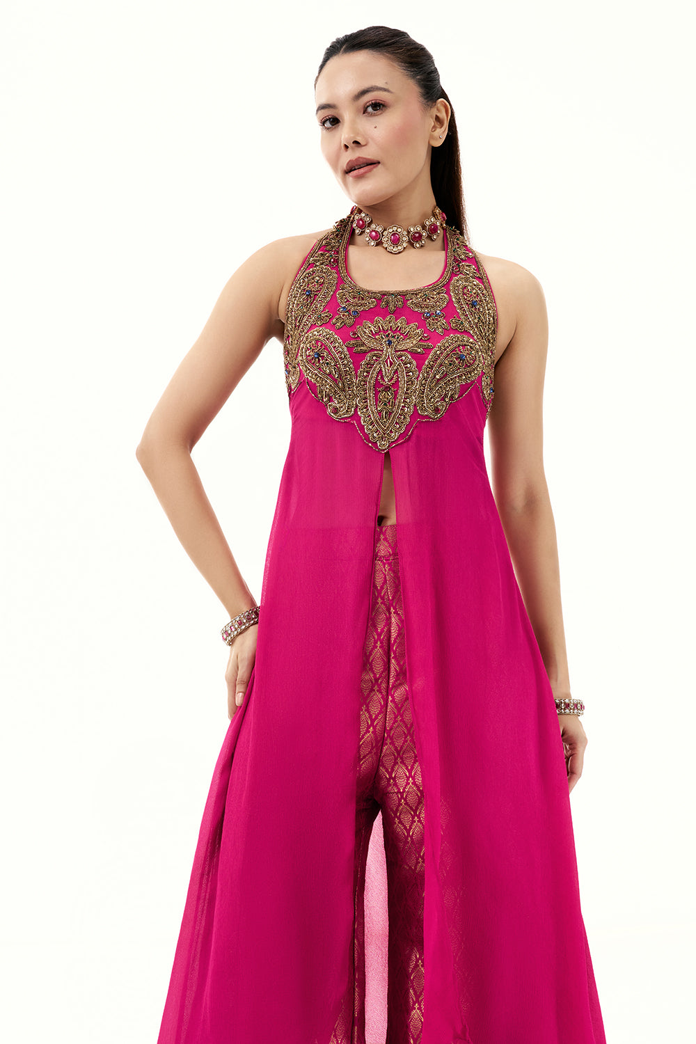 Rani Pink Palazzo Suit with Brocade Pants with Zari and Beads Work
