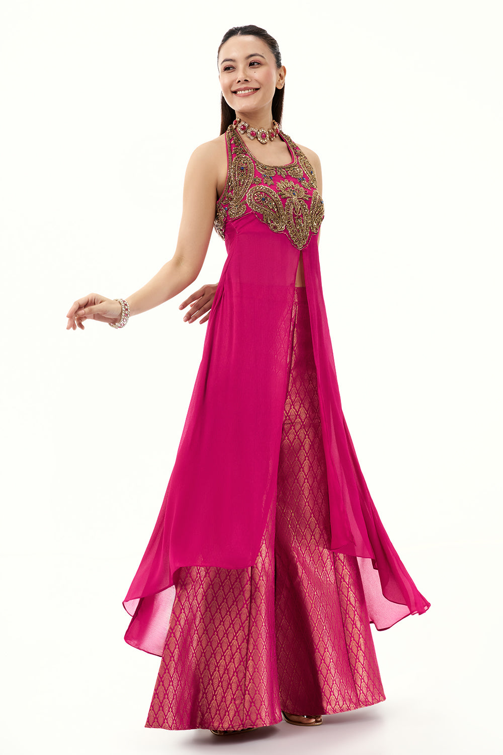 Rani Pink Palazzo Suit with Brocade Pants with Zari and Beads Work