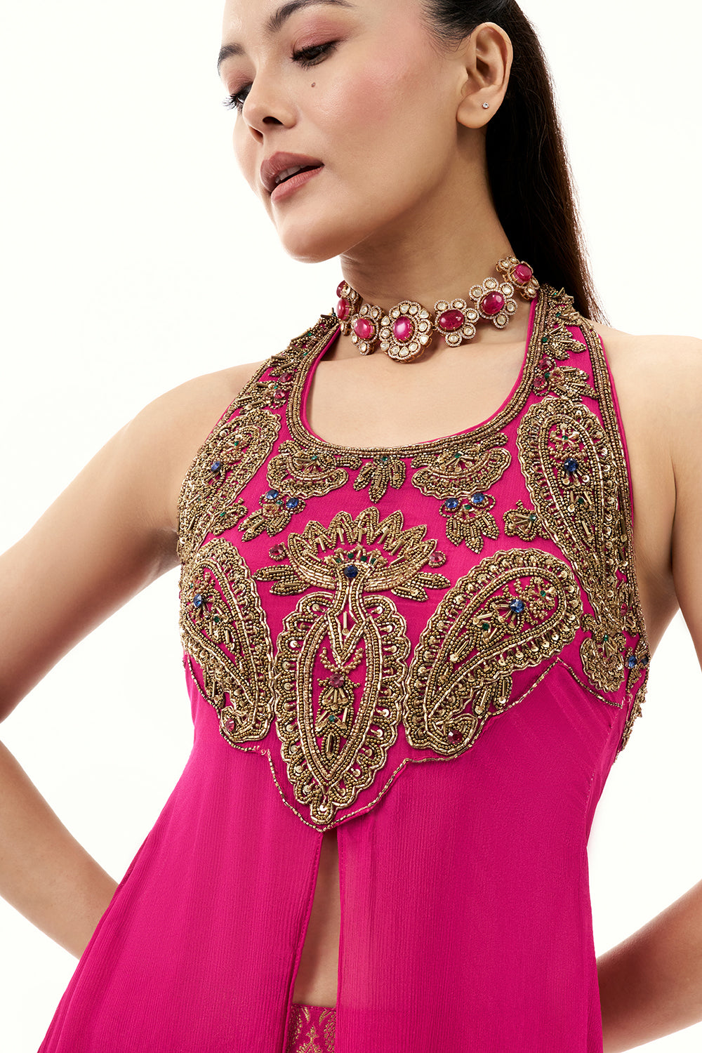 Rani Pink Palazzo Suit with Brocade Pants with Zari and Beads Work