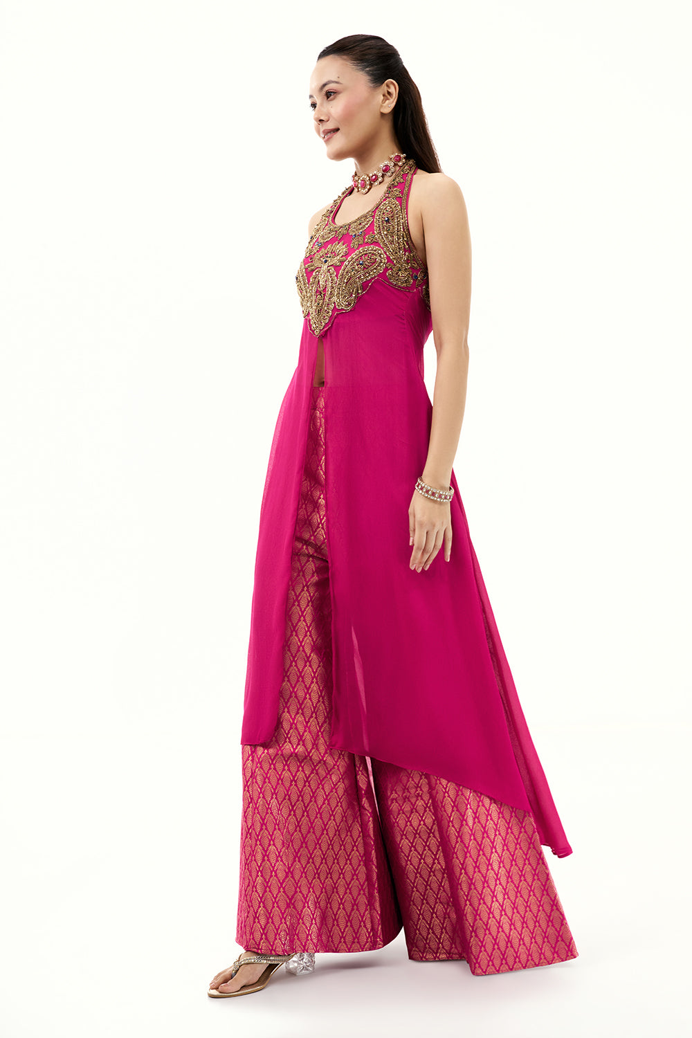 Rani Pink Palazzo Suit with Brocade Pants with Zari and Beads Work