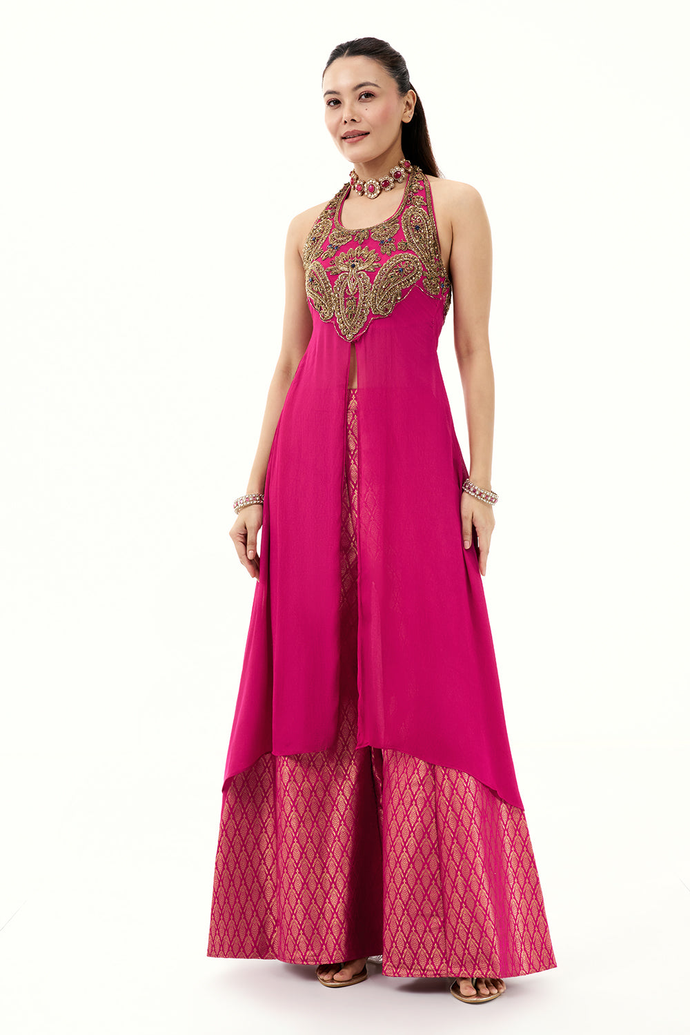 Rani Pink Palazzo Suit with Brocade Pants with Zari and Beads Work
