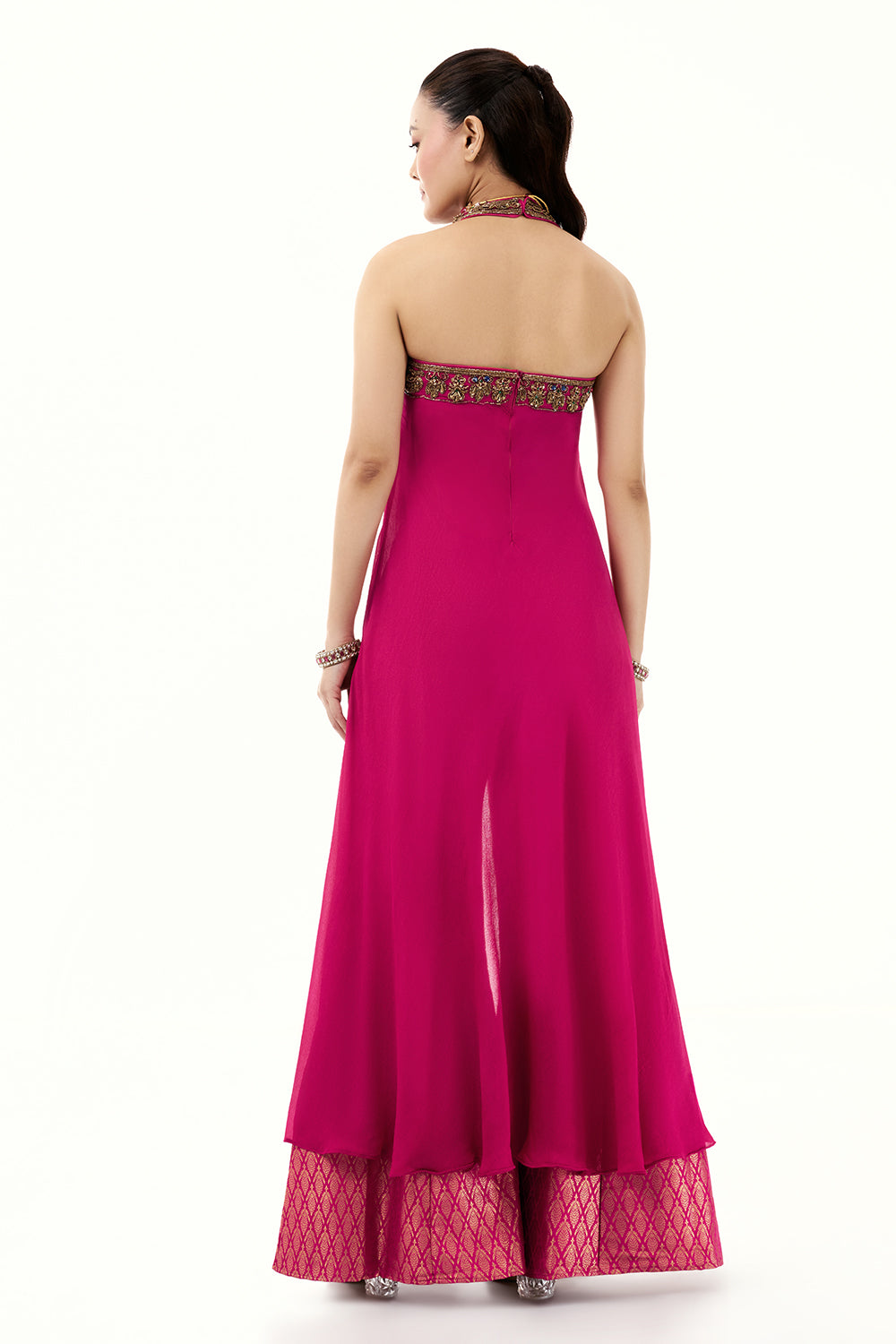 Rani Pink Palazzo Suit with Brocade Pants with Zari and Beads Work