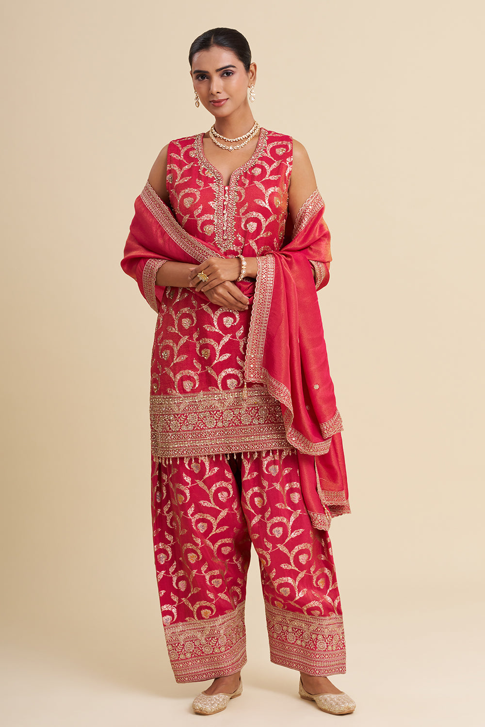 Rani Pink Shimmer Tissue Kurta Set with Zari Embroidery