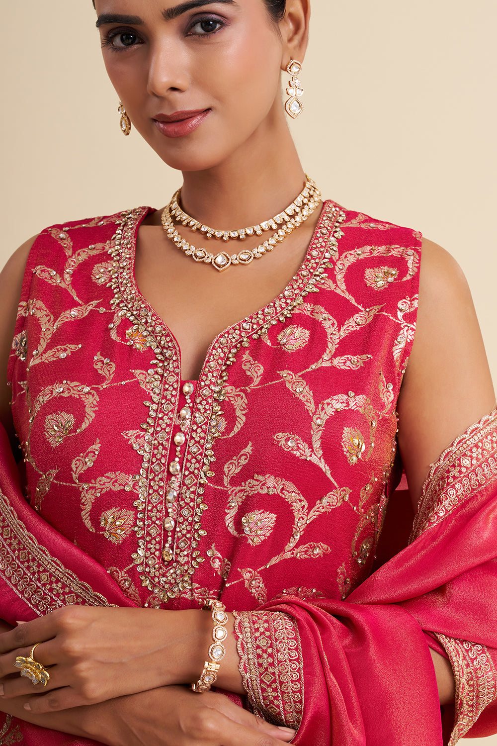 Rani Pink Shimmer Tissue Kurta Set with Zari Embroidery