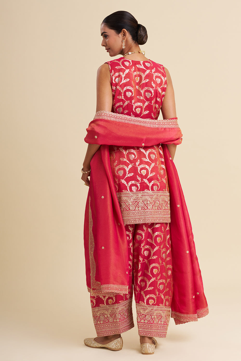 Rani Pink Shimmer Tissue Kurta Set with Zari Embroidery