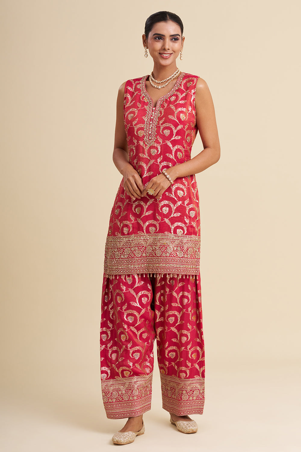 Rani Pink Shimmer Tissue Kurta Set with Zari Embroidery