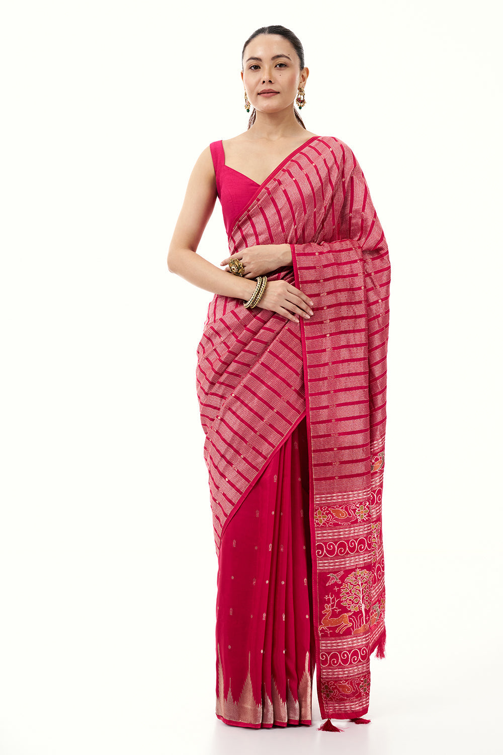 Rani Pink Silk Woven Saree with Nature Motifs