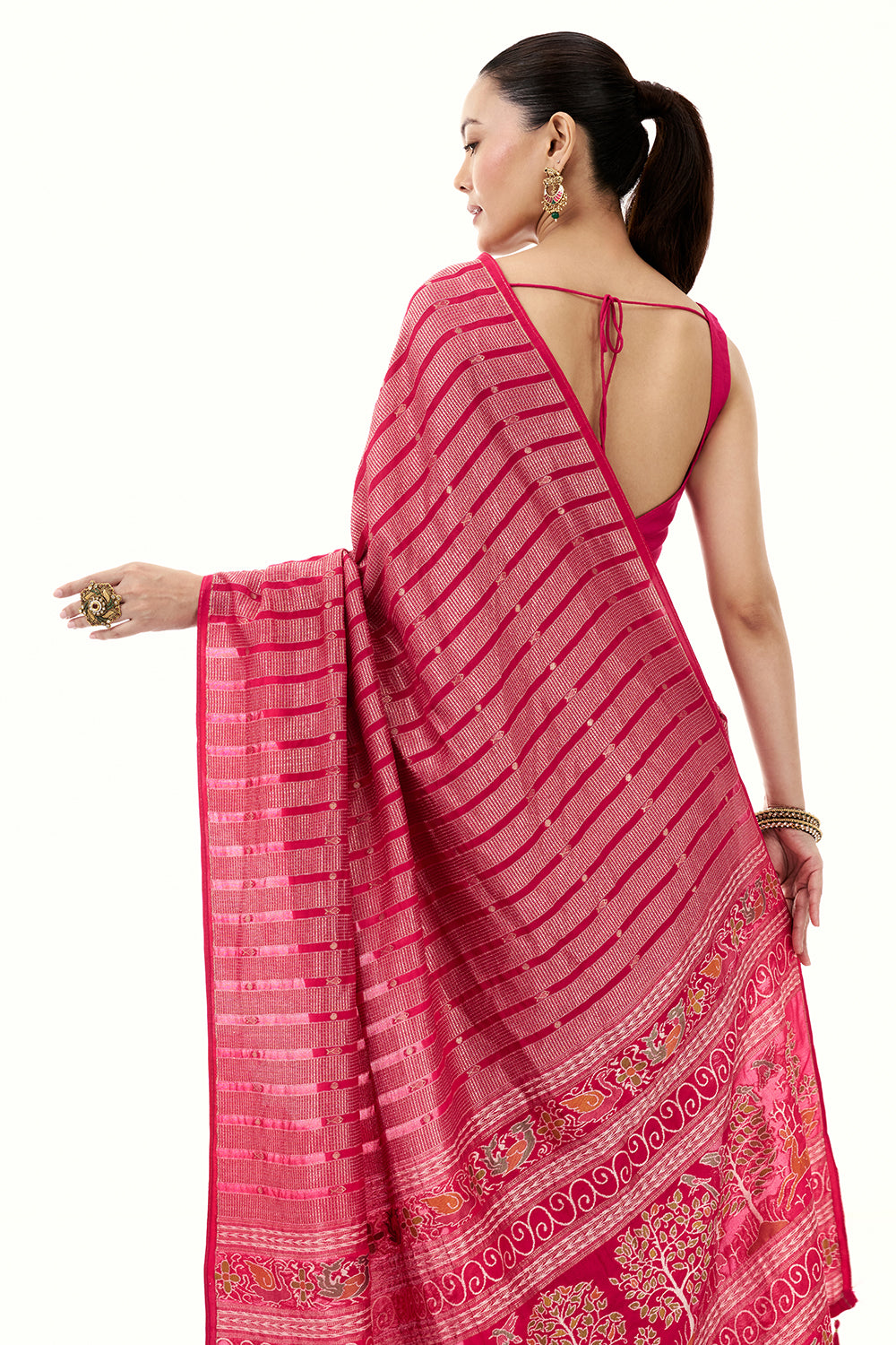 Rani Pink Silk Woven Saree with Nature Motifs