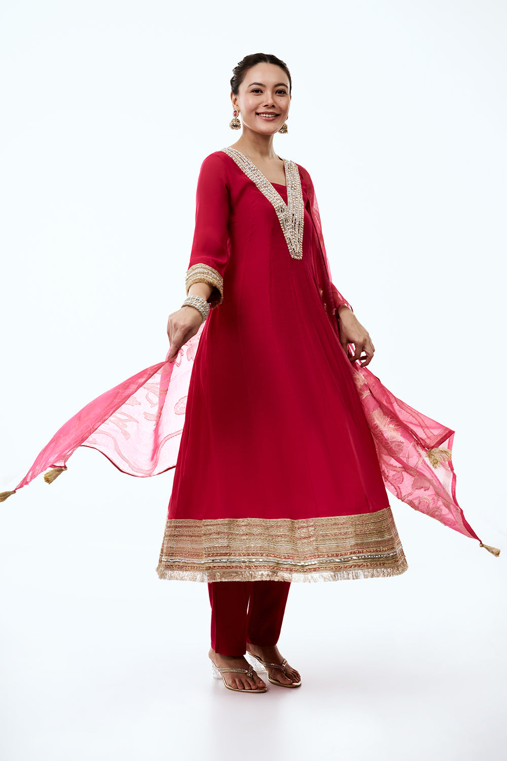 Rani Pink Soft Silk Anarkali-Style Kurta Set with Mirror Work