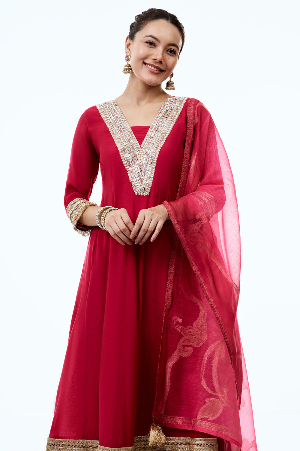 Rani Pink Soft Silk Anarkali-Style Kurta Set with Mirror Work