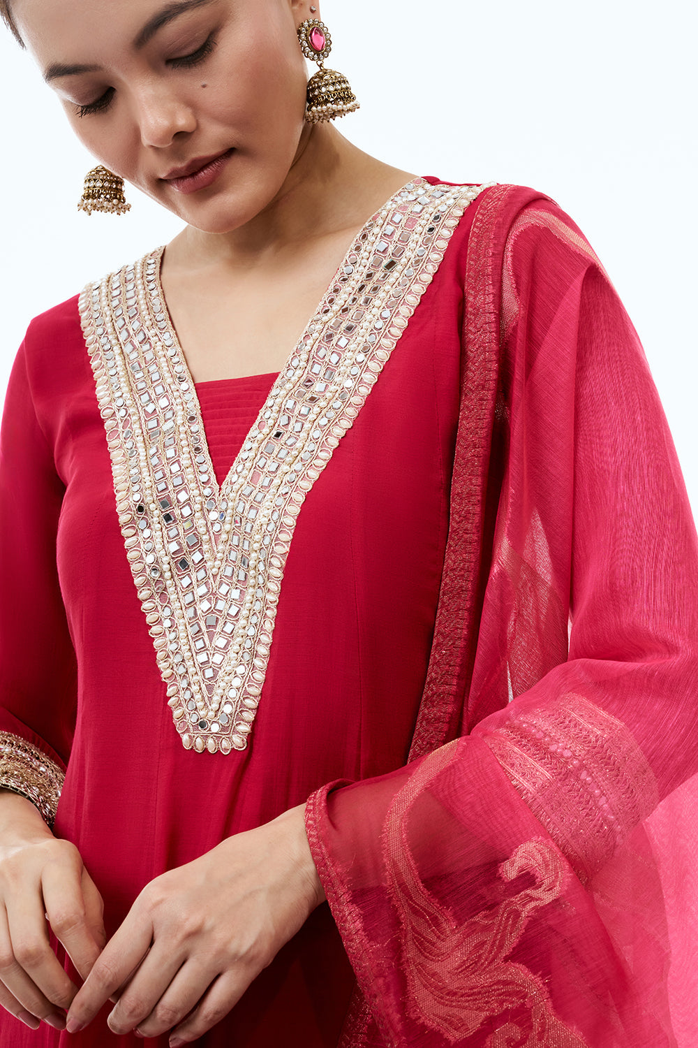 Rani Pink Soft Silk Anarkali-Style Kurta Set with Mirror Work
