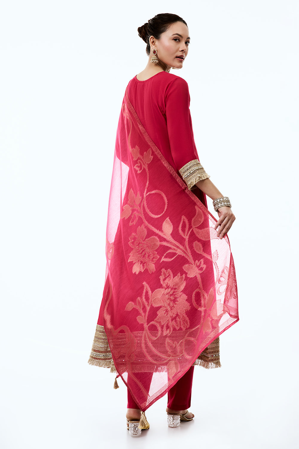 Rani Pink Soft Silk Anarkali-Style Kurta Set with Mirror Work