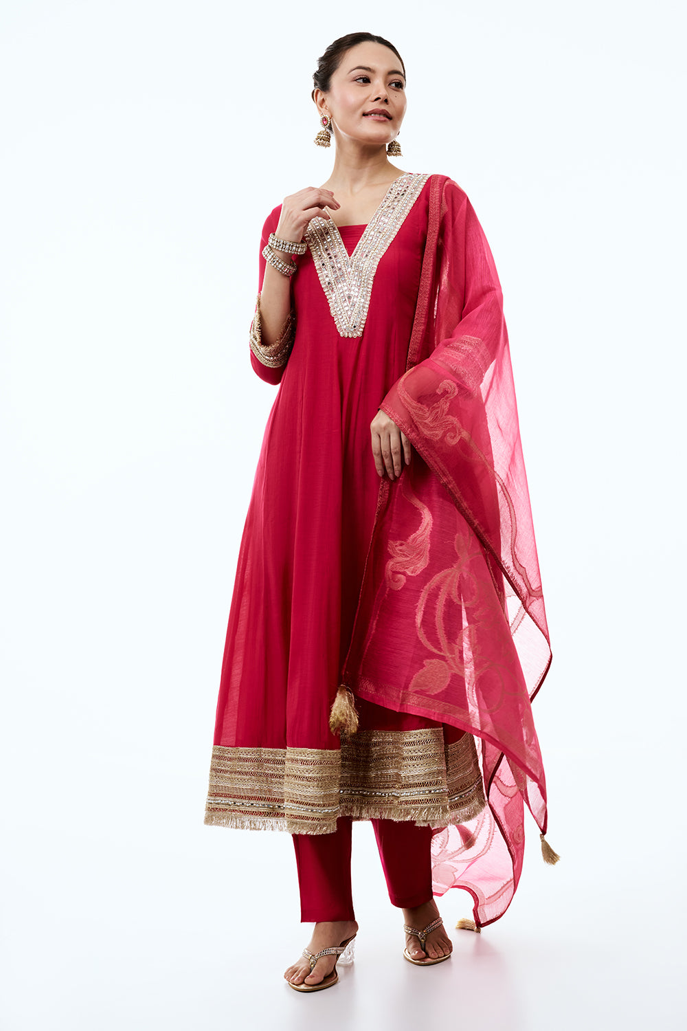 Rani Pink Soft Silk Anarkali-Style Kurta Set with Mirror Work