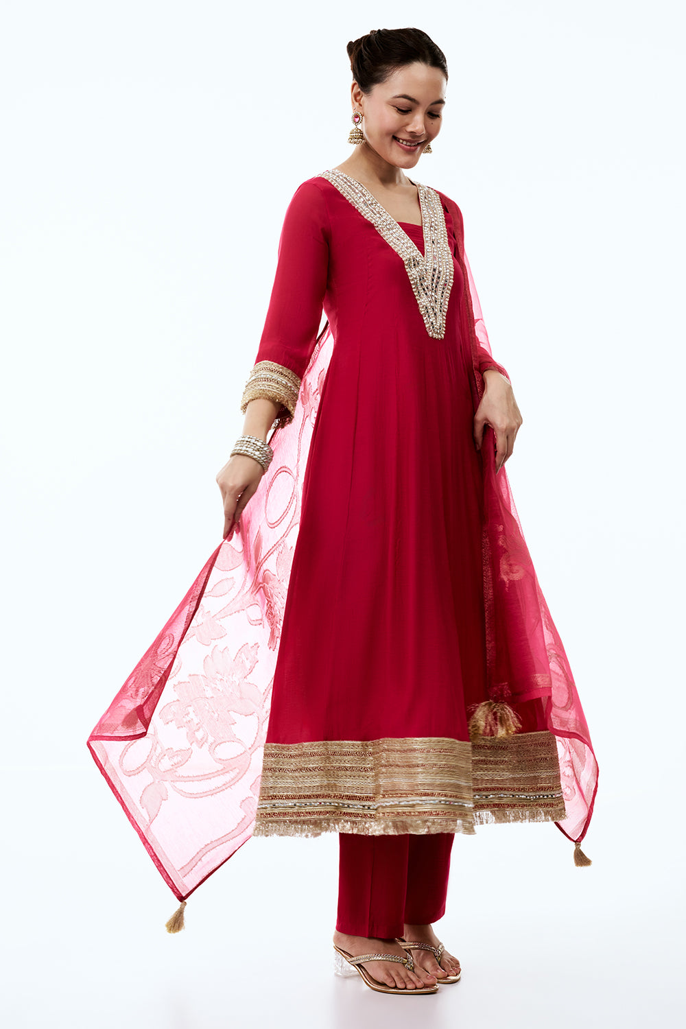 Rani Pink Soft Silk Anarkali-Style Kurta Set with Mirror Work
