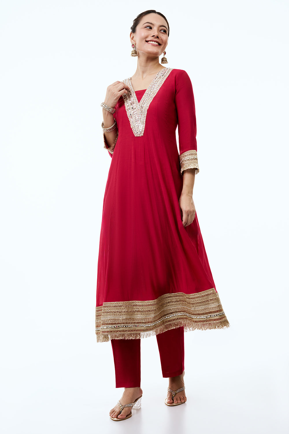 Rani Pink Soft Silk Anarkali-Style Kurta Set with Mirror Work