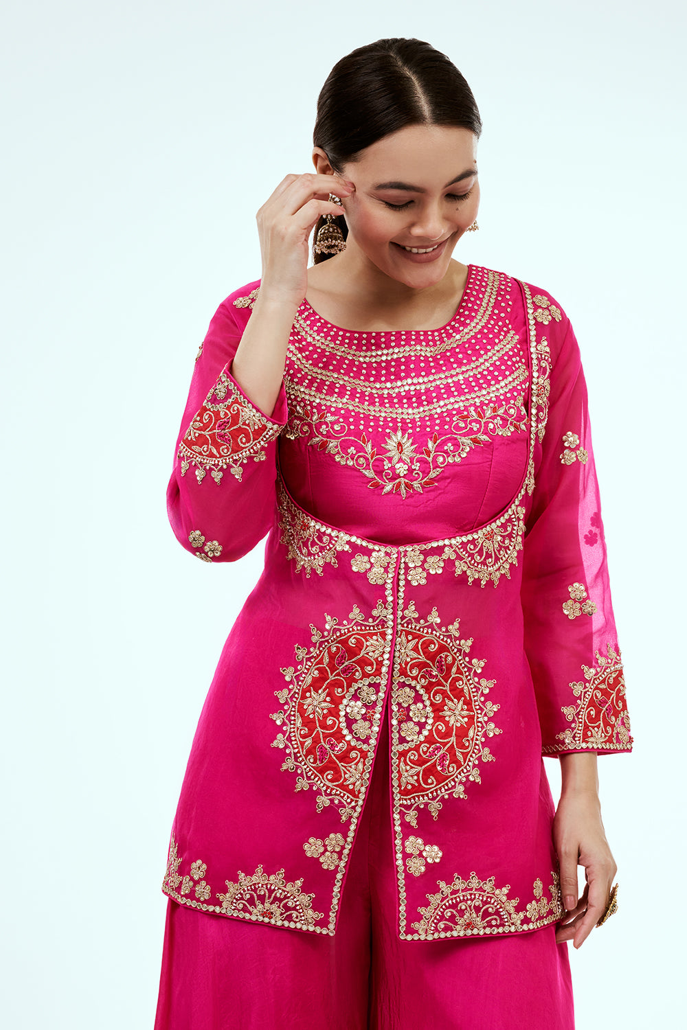 Rani Pink Organza Co-ord Set with Zardosi Work