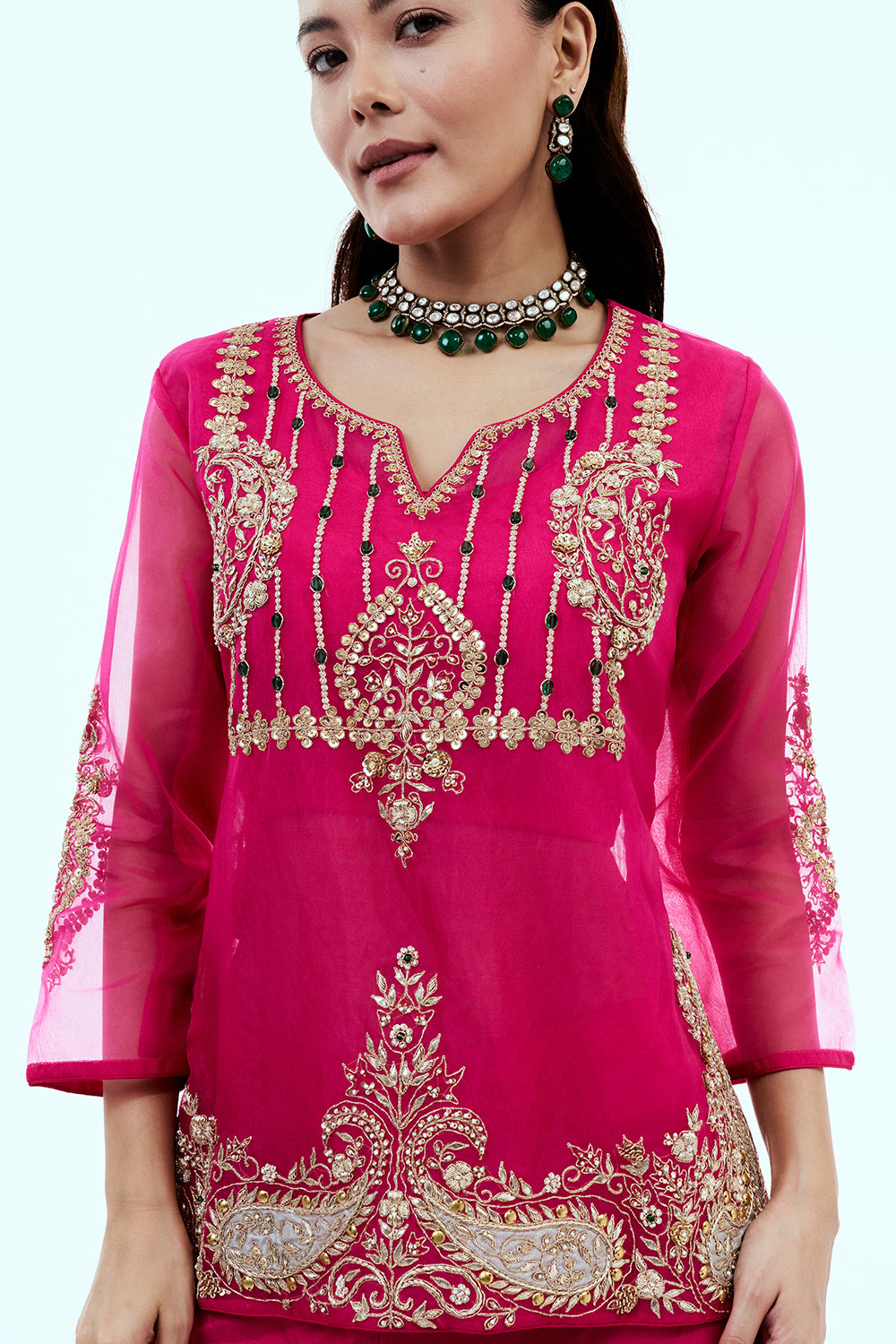 Rani Pink Uppada Silk Suit Set with Zardosi Work