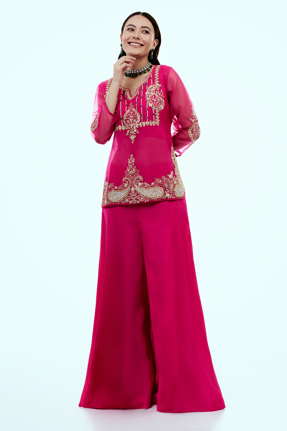 Rani Pink Uppada Silk Suit Set with Zardosi Work