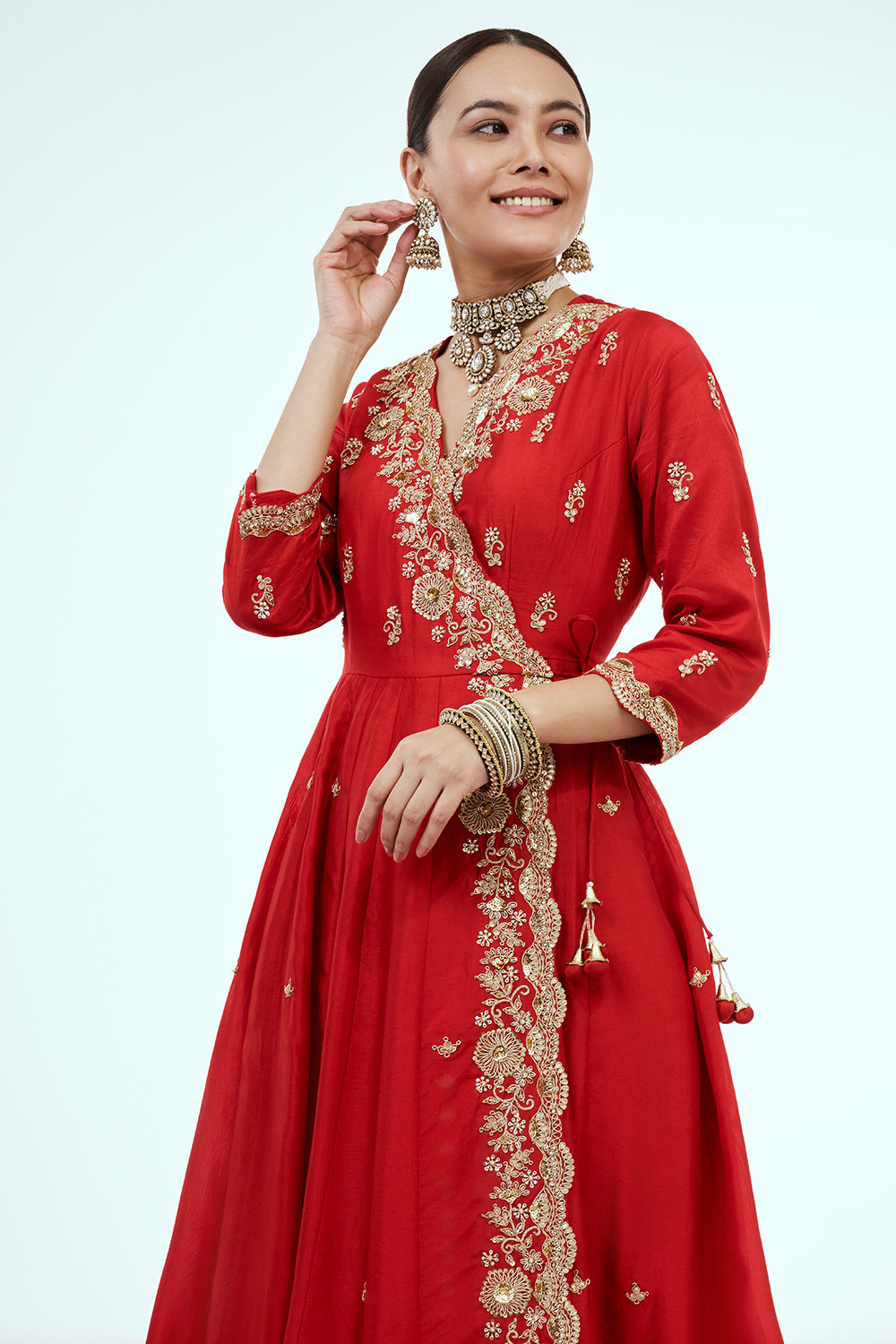 Red Art Silk Angrakha Suit with Zardosi Work