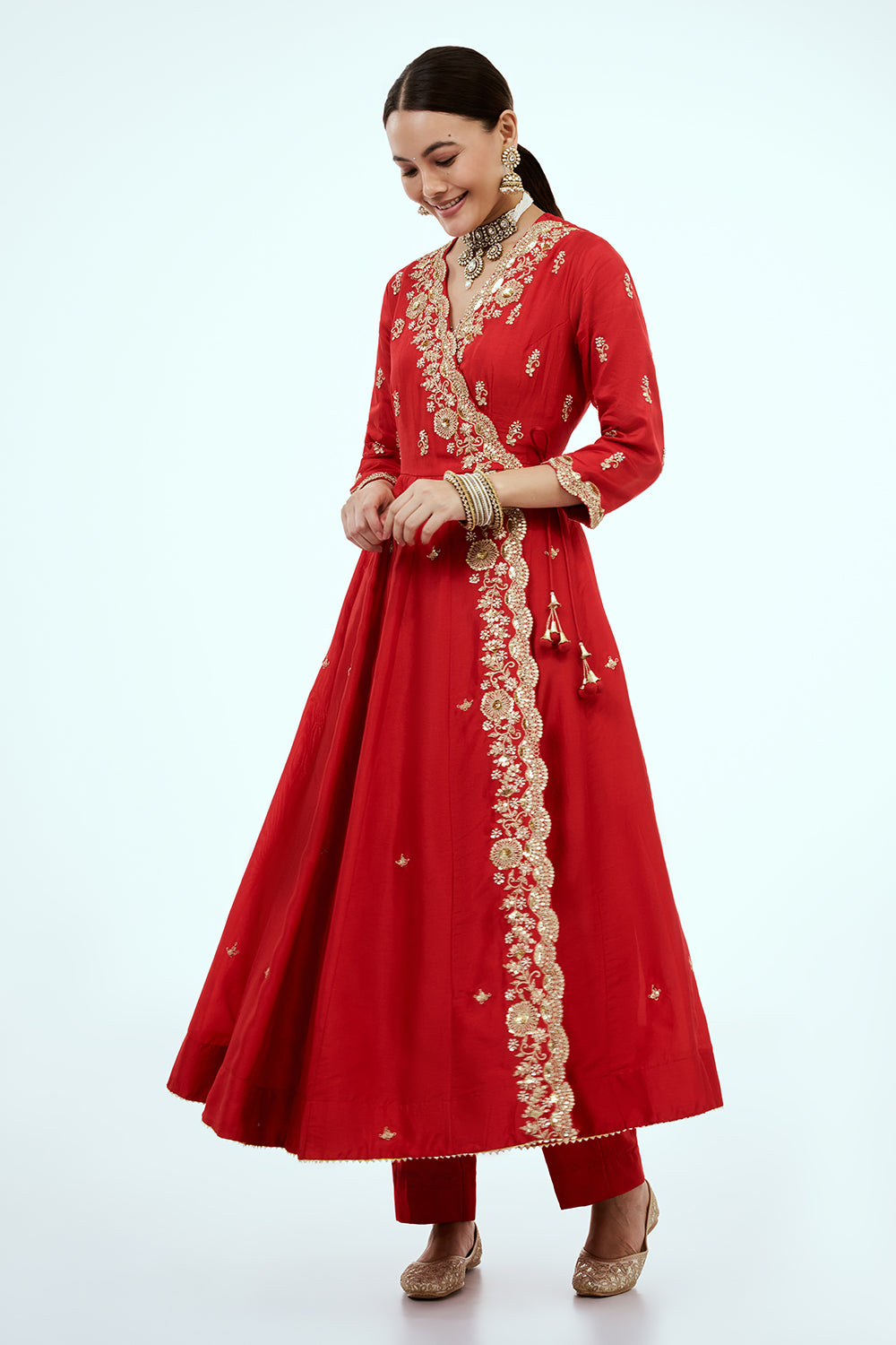 Red Art Silk Angrakha Suit with Zardosi Work
