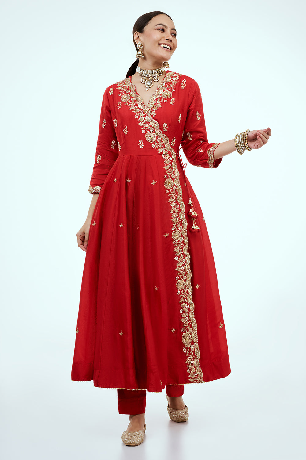 Red Art Silk Angrakha Suit with Zardosi Work