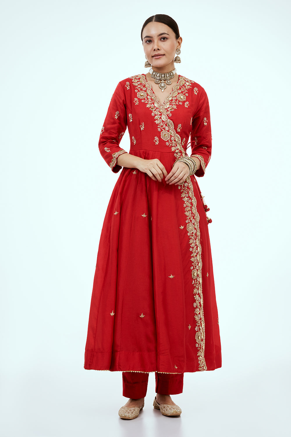 Red Art Silk Angrakha Suit with Zardosi Work