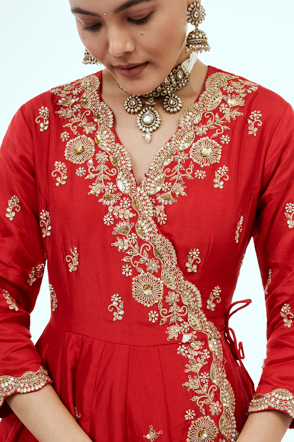 Red Art Silk Angrakha Suit with Zardosi Work