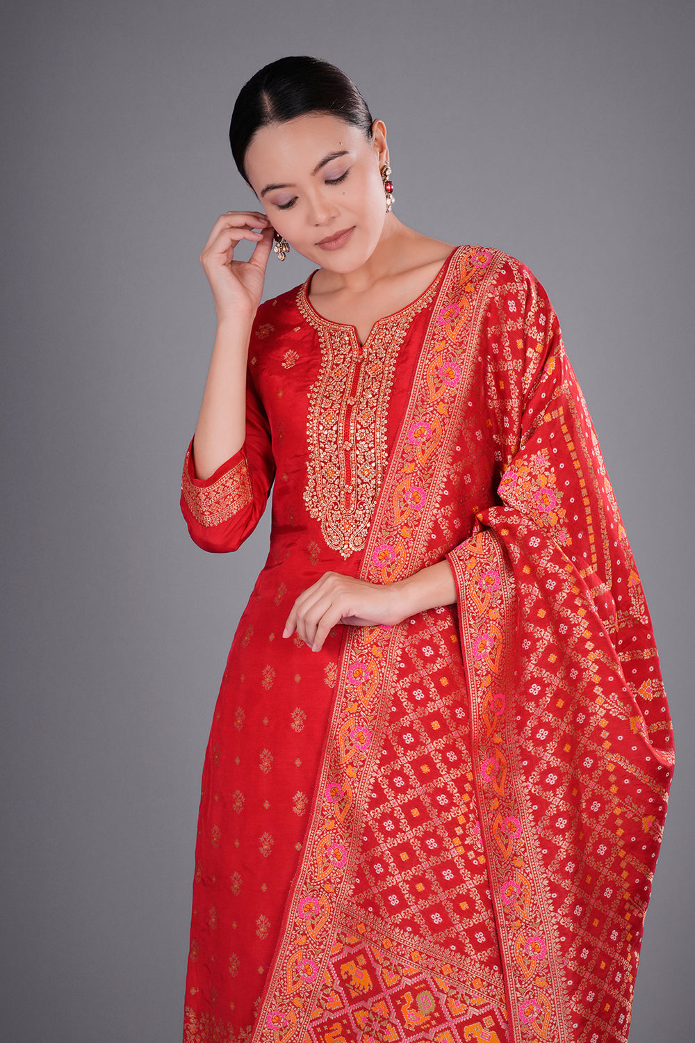 Red Banarasi Kurta Set with Zari Embroidery
