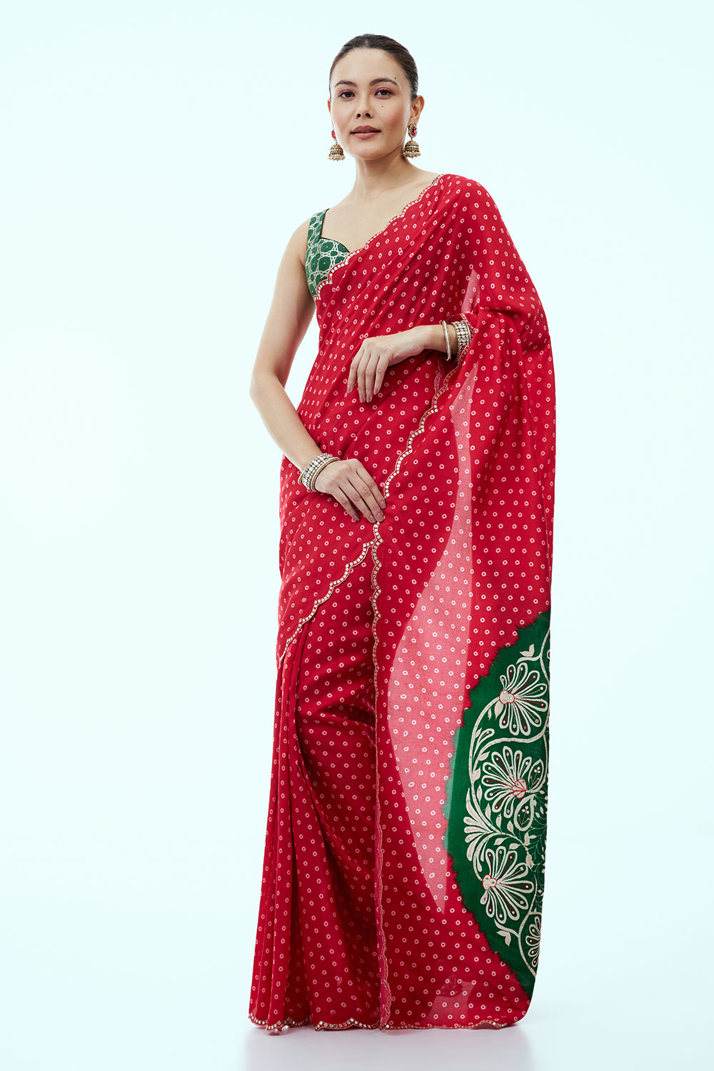 Red Bandhani Print Silk Saree with Floral Pallu and Unstitched Blouse