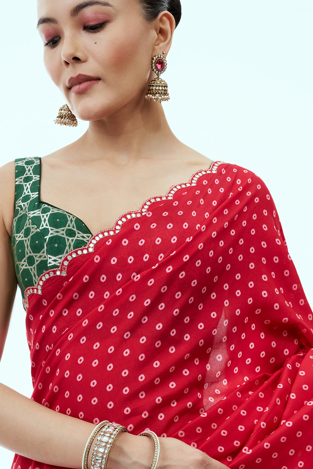 Red Bandhani Print Silk Saree with Floral Pallu and Unstitched Blouse
