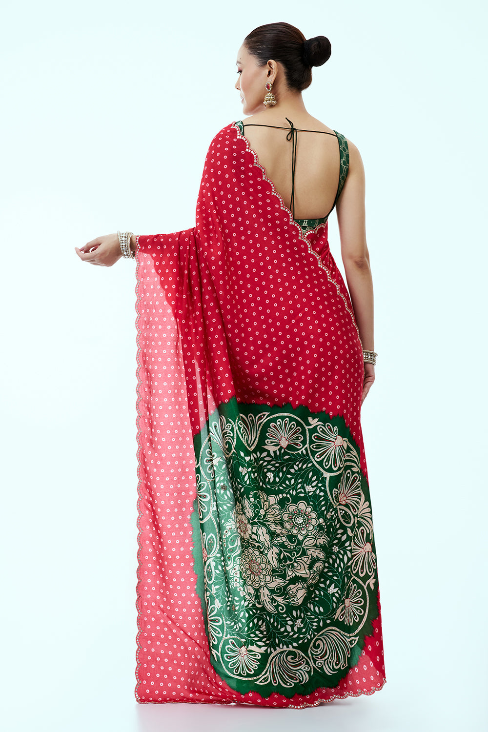 Red Bandhani Print Silk Saree with Floral Pallu and Unstitched Blouse