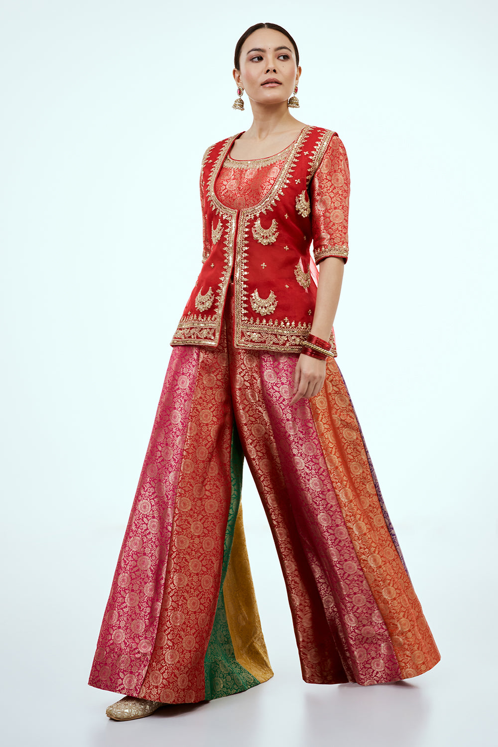 Red Brocade Silk Co-ord Set with Zardosi Work and Multicoloured Brocade Pants