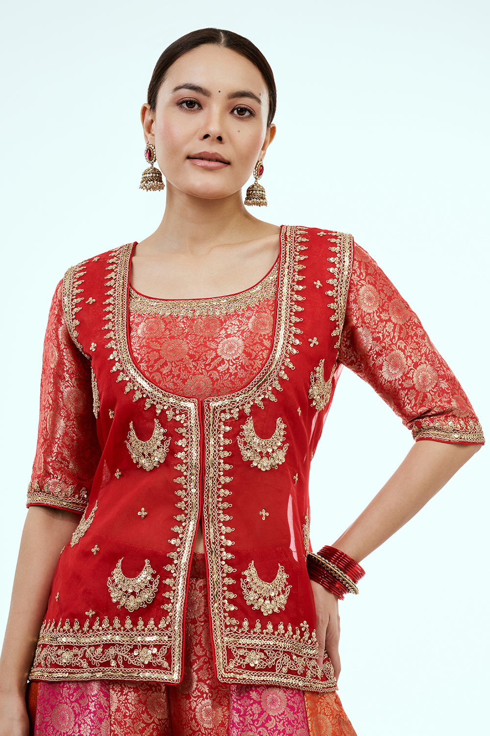 Red Brocade Silk Co-ord Set with Zardosi Work and Multicoloured Brocade Pants