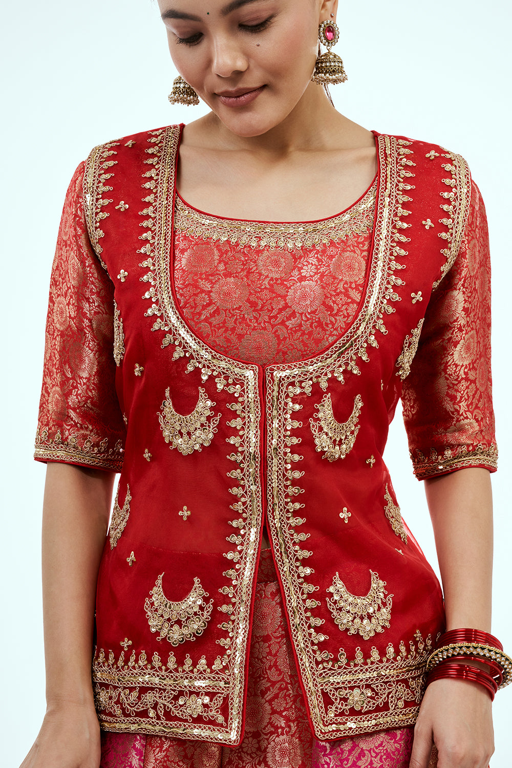 Red Brocade Silk Co-ord Set with Zardosi Work and Multicoloured Brocade Pants
