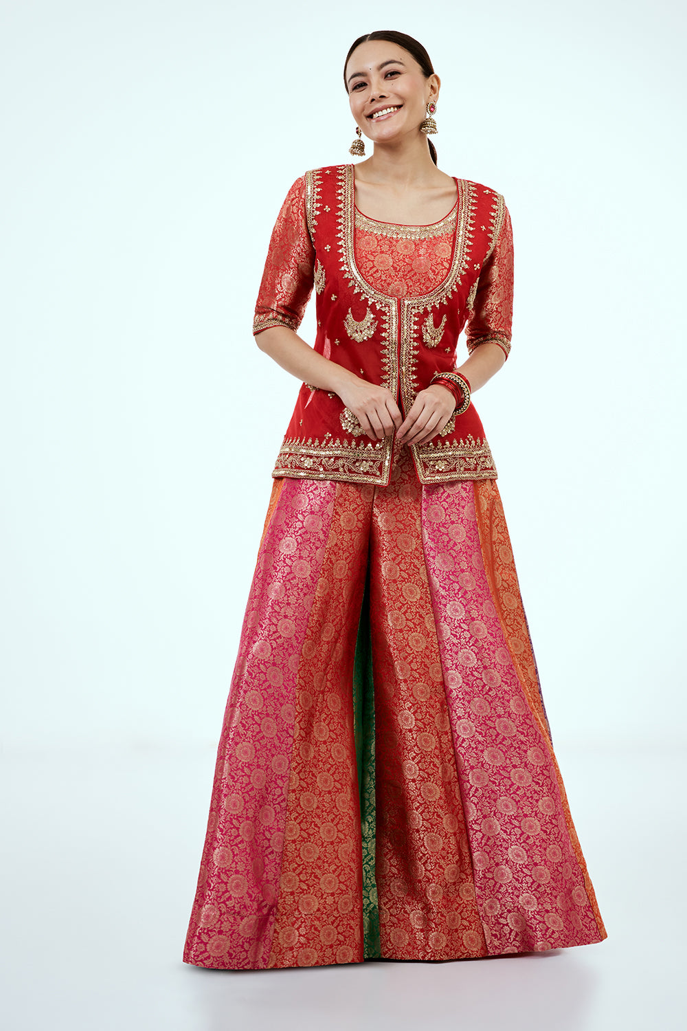Red Brocade Silk Co-ord Set with Zardosi Work and Multicoloured Brocade Pants