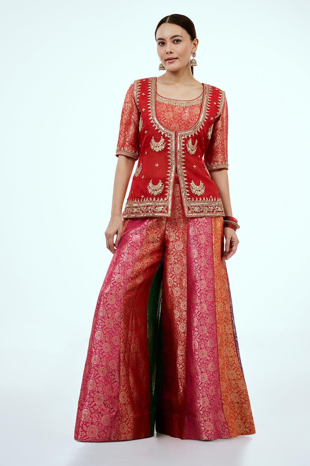 Red Brocade Silk Co-ord Set with Zardosi Work and Multicoloured Brocade Pants