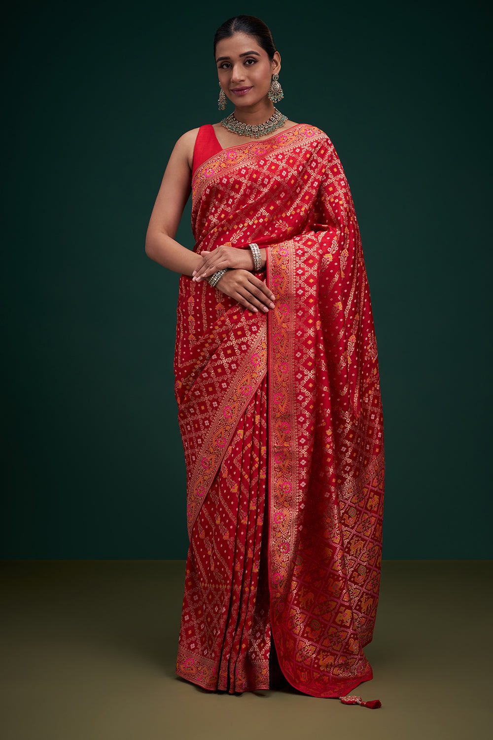 Red Banarasi Silk Patola Print Saree with Unstitched Blouse