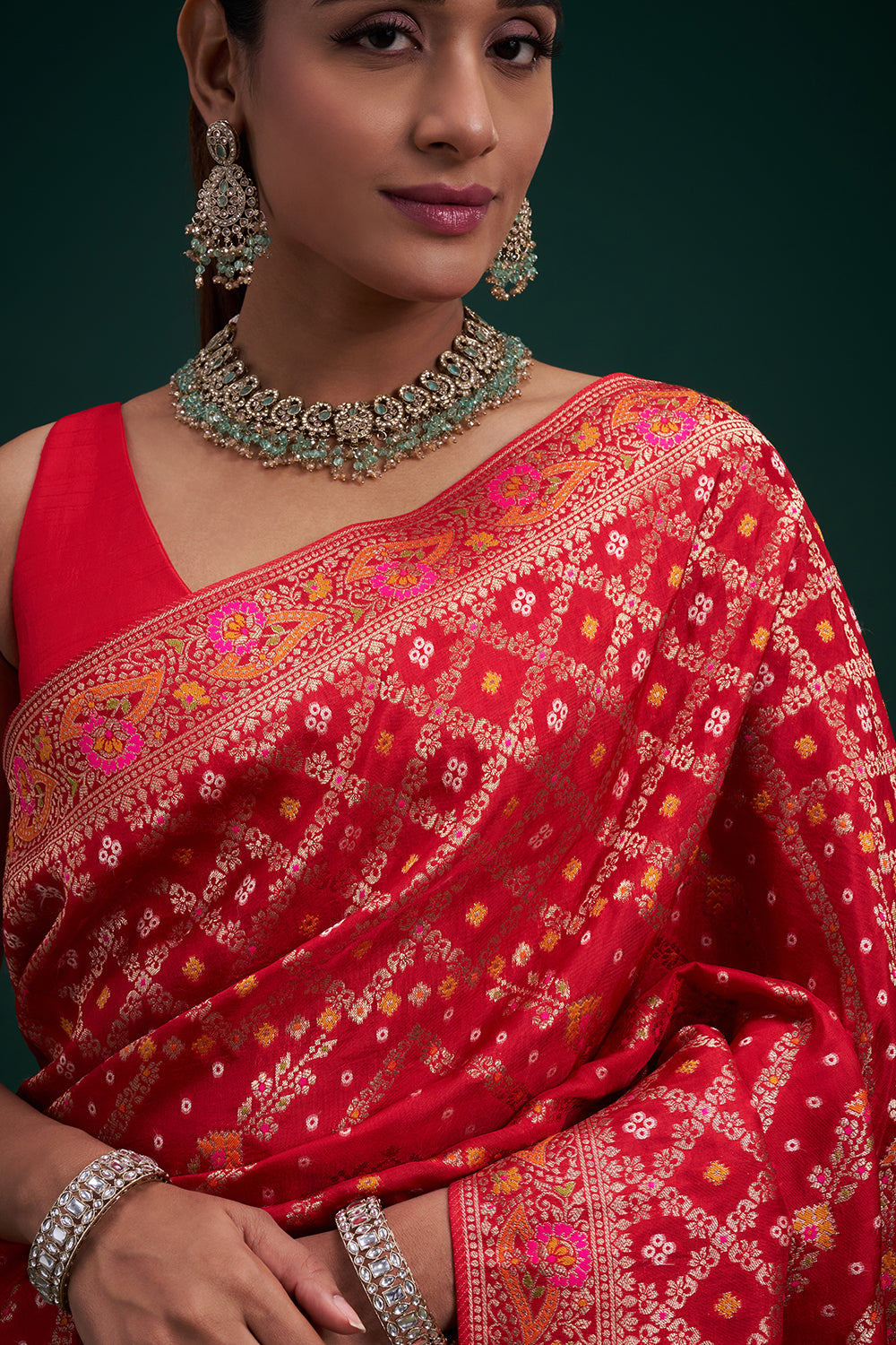Red Banarasi Silk Patola Print Saree with Unstitched Blouse
