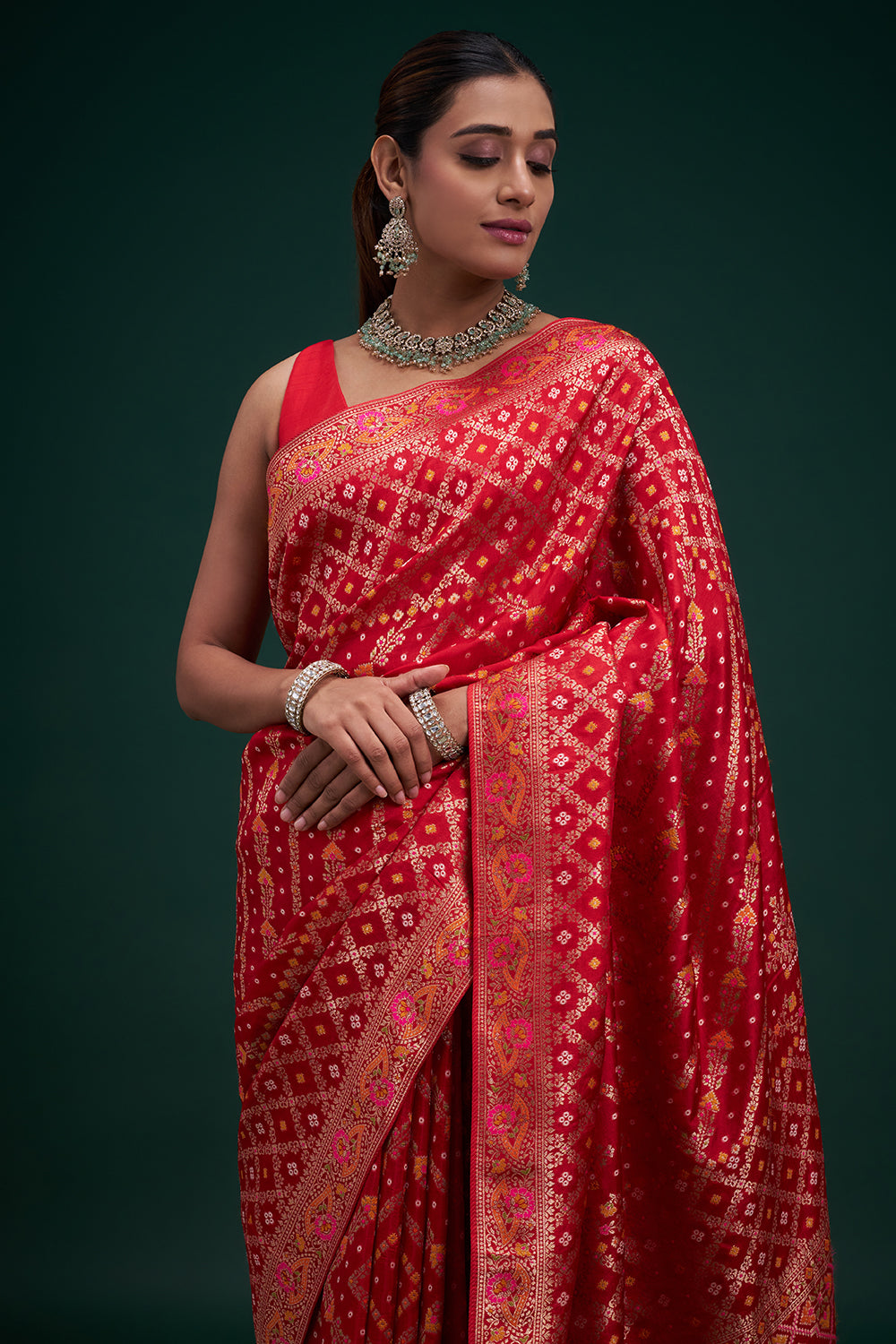 Red Banarasi Silk Patola Print Saree with Unstitched Blouse