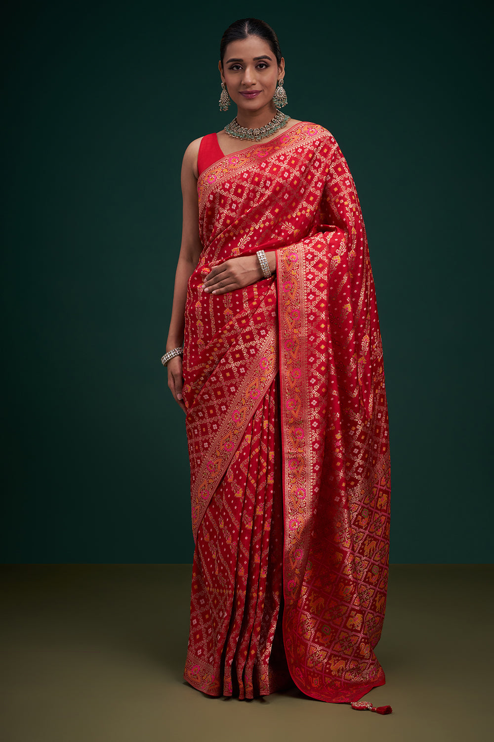 Red Banarasi Silk Patola Print Saree with Unstitched Blouse