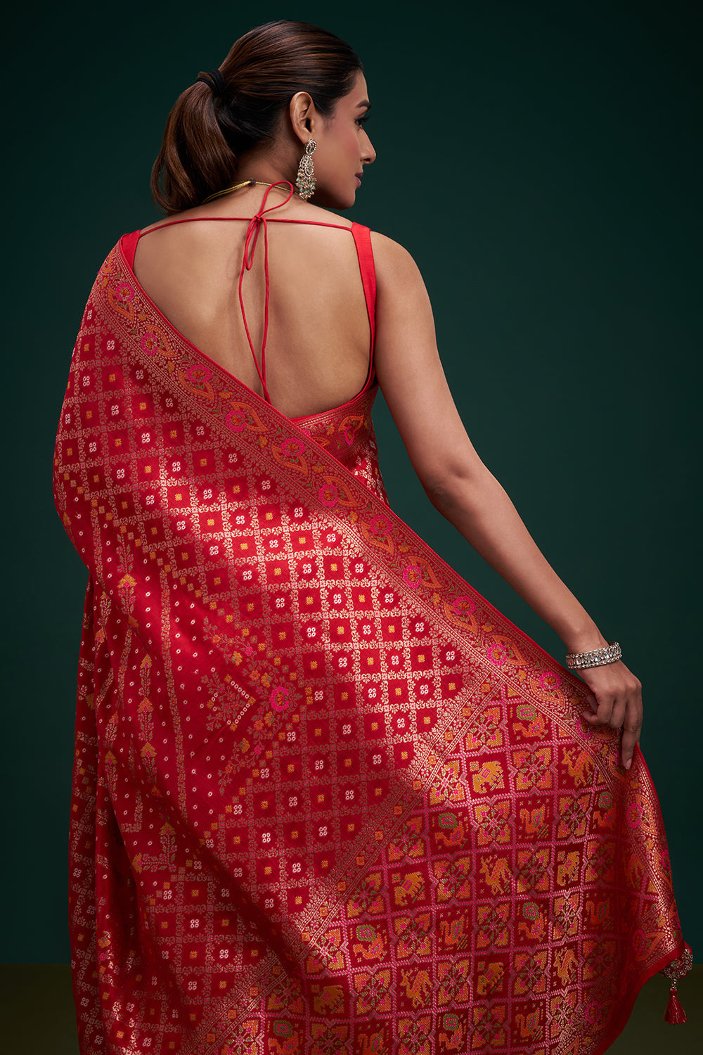 Red Banarasi Silk Patola Print Saree with Unstitched Blouse